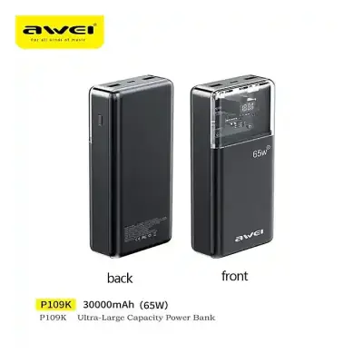 Awei P109K 3 in 1 Power Bank 30000mAh with PD65W Type C Fast Charging Power Bank Portable Travel Power Bank External Backup Battery